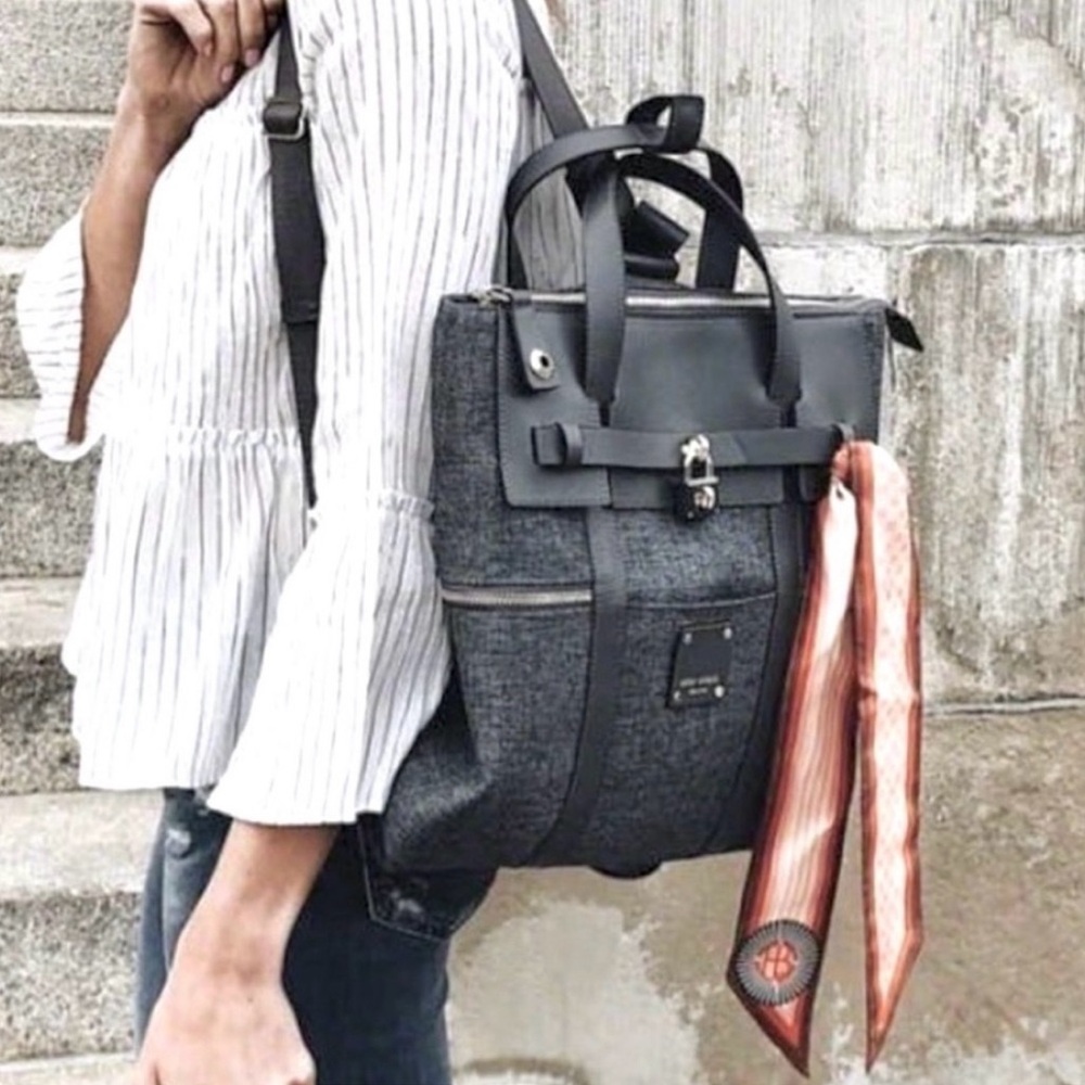 HENRI BENDEL Jetsetter Tweed Grey Large Leather Messenger Convertible Backpack